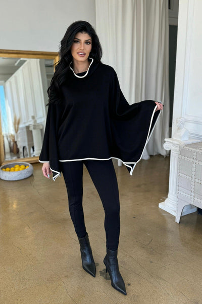 FLORENCE PONCHO SWEATER , poncho , It's NOMB , BLACK PONCHO, BLACK SCUBA FABRIC PONCHO, DRESSY BLACK PONCHO WITH WHITE PIPING, poncho sweater, TURTLENECK PONCHO , It's NOMB , itsnomb.com