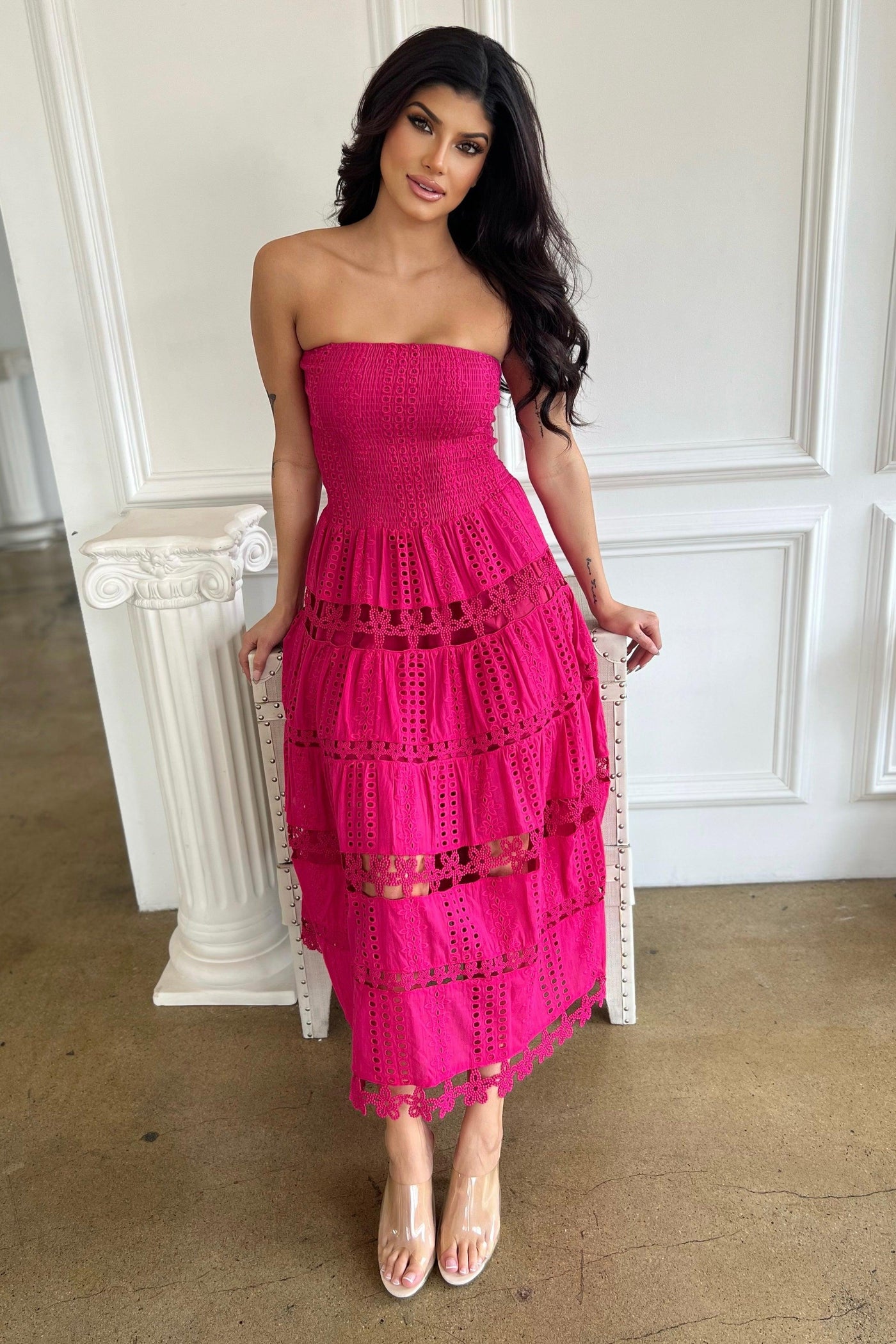 LUNA STRAPLESS MIDI DRESS (SIZE LARGE LEFT) , Dresses , it’sNOMB. The Label , a line lace midi dress, CROCHET LACE DRESS, Dress, Dresses, dresses for spring, EYELET LACE DRESS, fuschsia dress, hot pink dress, LACE DRESS, lace dresses, magenta dress, midi, MIDI DRESS, MIDI LENGTH, MIDI LENGTH DRESS, pink dress, pink lace dress, SMOCKED BODICE LACE DRESS, spring dress, spring dresses, summer dress, SUMMER DRESSES, Wedding Guest Dress , It's NOMB , itsnomb.com