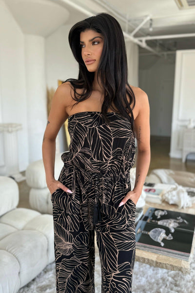 PALM JUMPSUIT , , It's NOMB , black and natural print jumpsuit, elan palm print jumpsuit, Maternity, Maternity Friendly, palm print jumpsuit, strapless flowy chiffon jumpsuit , It's NOMB , itsnomb.com