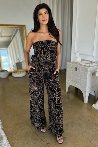 PALM JUMPSUIT , , It's NOMB , black and natural print jumpsuit, elan palm print jumpsuit, Maternity, Maternity Friendly, palm print jumpsuit, strapless flowy chiffon jumpsuit , It's NOMB , itsnomb.com