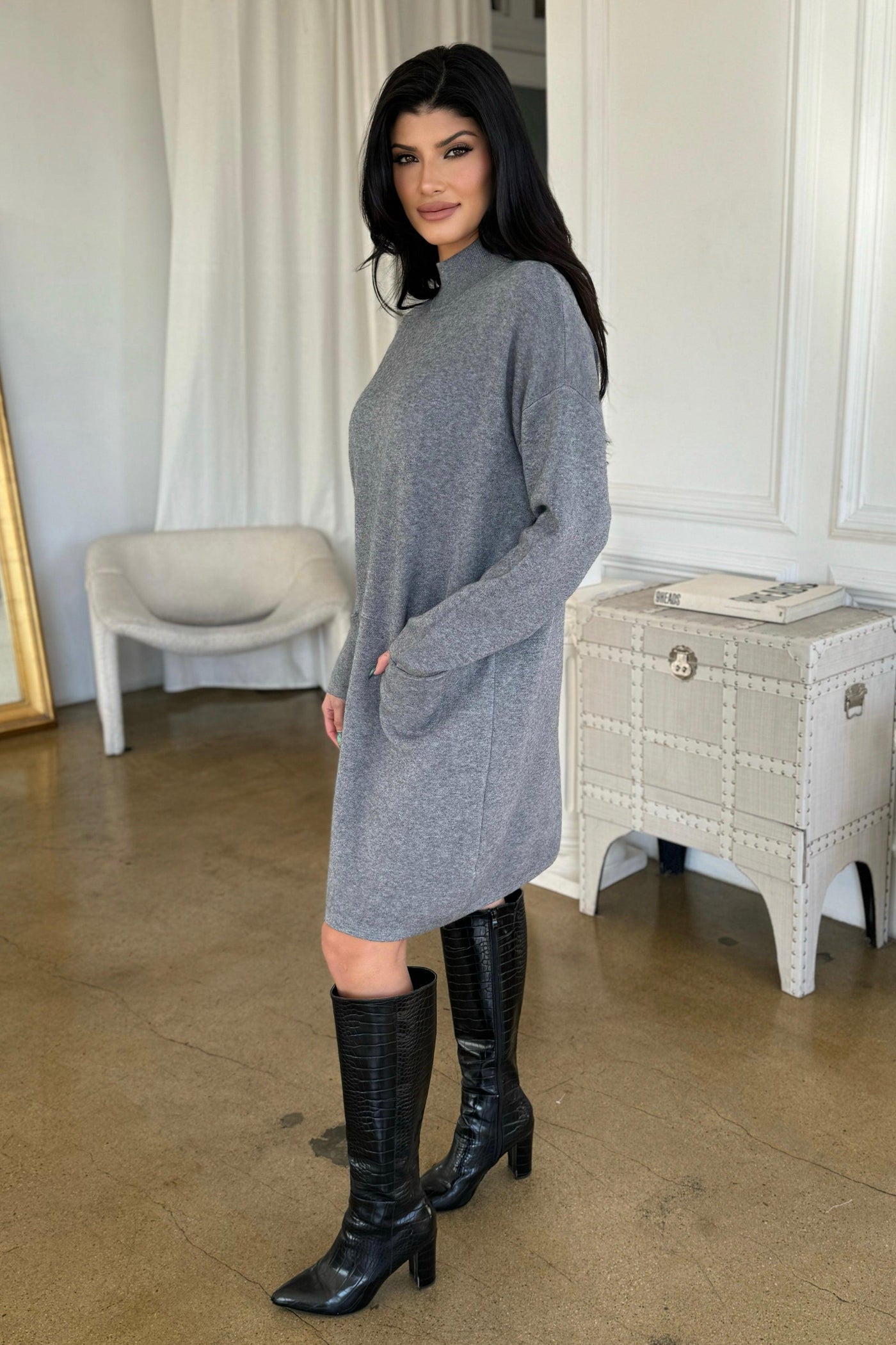 SOPHIA SWEATER DRESS , SWEATER DRESS , It's NOMB , GREY SWEATER DRESS, KNIT DRESS, MATERNITY FRIENDLY SWEATER DRESS, SWEATER DRESS, TUNIC DRESS , It's NOMB , itsnomb.com